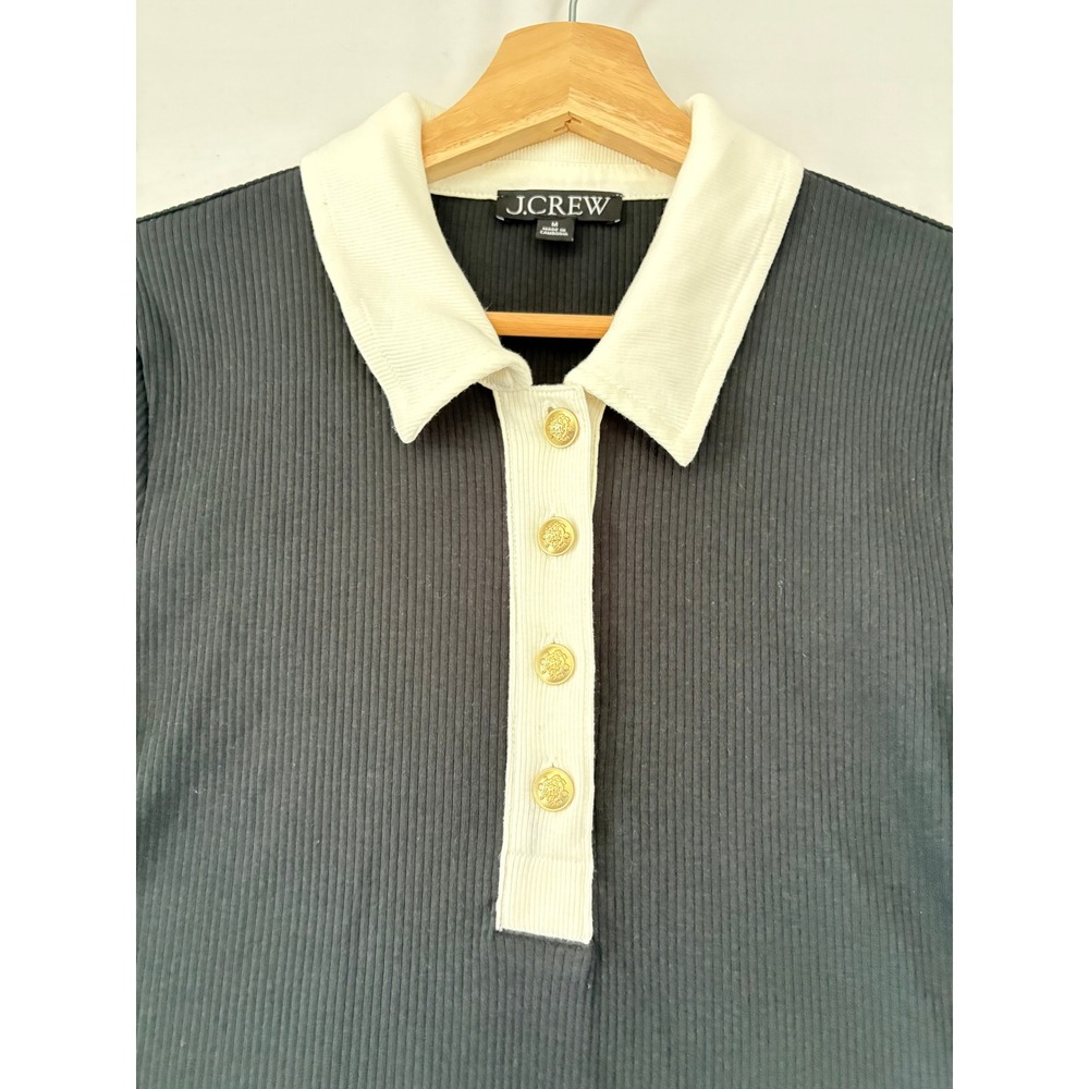 J.Crew Womens Ribbed Polo Shirt Black White Gold Crest Button Short Sleeve Med - Picture 6 of 10